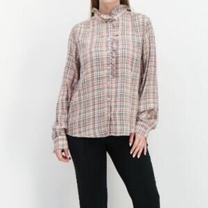 Market & Spruce Size M Pink Plaid Ruffe Top Blouse Western Farmhouse Rustic